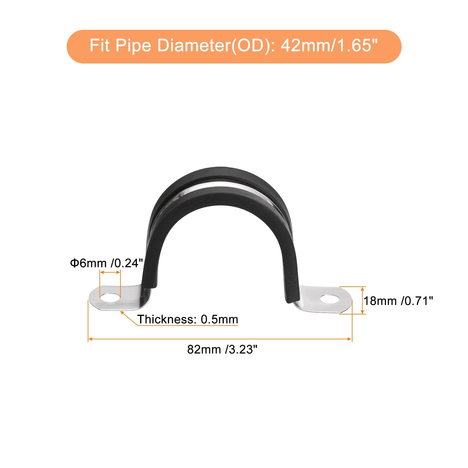 TA-VIGOR 12Pcs U-Shaped Stainless Steel Rubber Cushioned Pipe Clamp, Black, 42mm OD, Pipe Tube Wire Fixing, Laying, Plumbing - Image 2