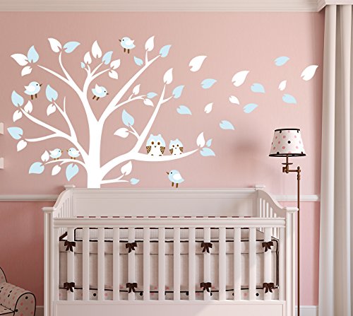 BDECOLL Stickers Muraux,Grand Arbre Mignonne hiboux Stickers Chambre Bébé,Blanc Et Blue Stickers Enfants Stickers chambre garçon