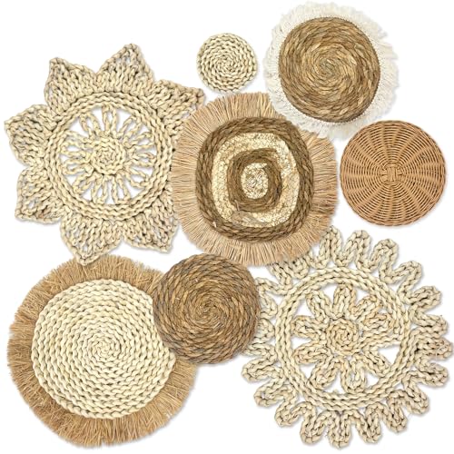 Boho Wandkorb Deko, 8er Set Hängende Geflochtene Körbe aus Seegras und Rattan, Handgefertigte Runde Körbe mit Fransen aus Maisblatt und Binsen, Boho Wanddeko für Wohnzimmer, Küche, Esszimmer