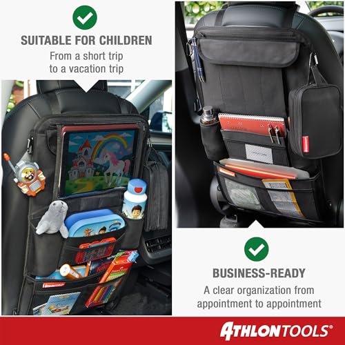 ATHLON TOOLS Najstabilniejszy organizer na fotel samochodowy z uchwytem na tablet, wzmocniony tył, bezpieczny dla żywności, z dodatkowym piórnikiem, biznesowy / dla dzieci, zaprojektowany w Hamburgu