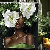 CINEKER Vintage Black Girl Women Shower Curtain Sets for Bathroom 60Wx72H African American Shower Curtain Modern Afro Sexy Lady Green White Flower Floral Bathtub Curtain Girly Bathroom Decor