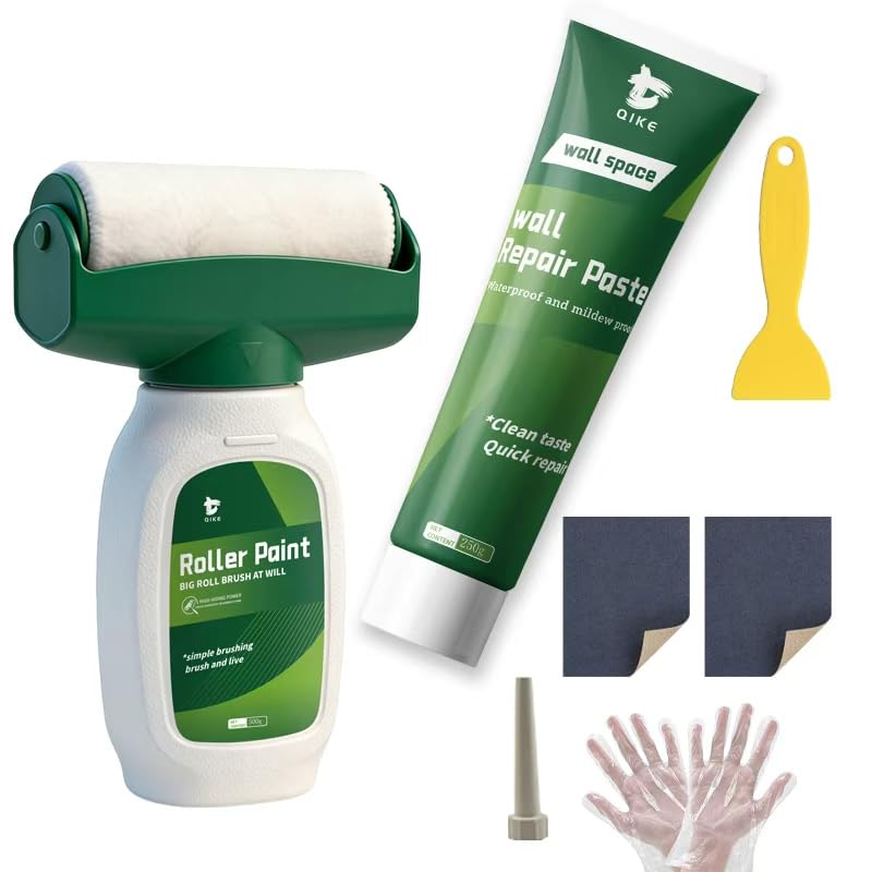 Electri-HQ Kit de Reparación de Paredes: Masilla Pared Blanca 250g y Pintura Blanca Interior 500g - Reparador de Grietas y Agujeros con Rodillo y Espátula - Blanco Mate y Secado Rápido