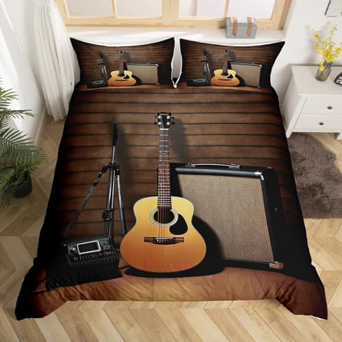 Feelyou Guitar Bedding Set Music Themed Guitar Comforter Cover for Kids Boys Girls Teens Instruments Print Duvet Cover Musical Pattern Microphone Bedspread Room Decor Quilt Twin Size