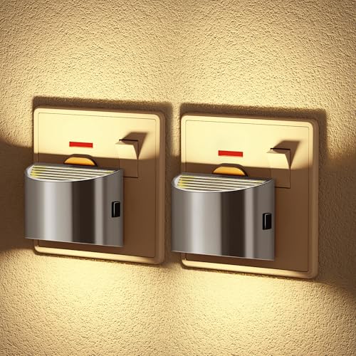JandCase Night Light Plug in Wall 2 Pack with Dusk to Dawn Sensor, 3000K Warm White, 3 Adjustable Brightness Levels, Auto On/Off, LED Plug in Night Light for Hallway, Stairs, Bedroom(Silver)