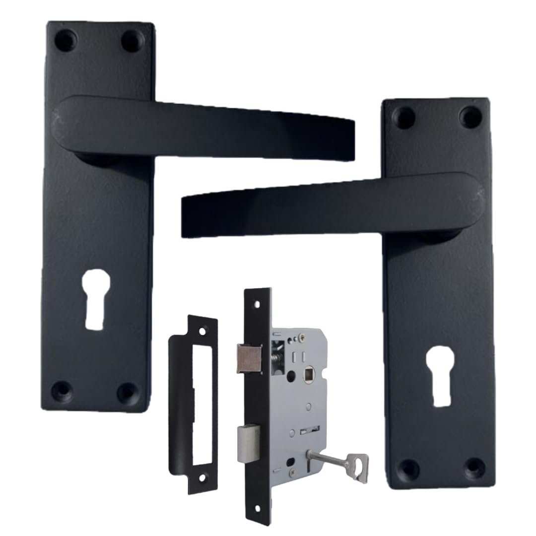 Epsom Door Handle Matt Black Interior Door Handles Victorian Style with 3 Lever Mortise Sash Lock Backplate Handle Set (150 X 42mm) Stylish Durable Door Hardware