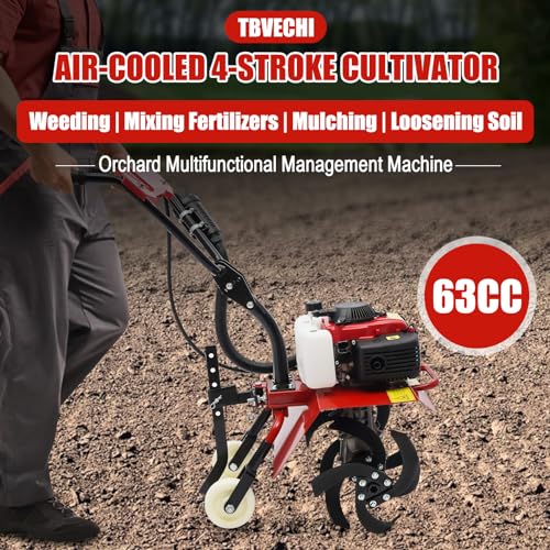 Garden Tiller/Cultivator 63CC 4-Stroke Gas Powered Hand Rotary Front Tine Tiller Rototiller Garden Tool Cordless, Gear Drive Transmission, Adjustable Tilling Depth