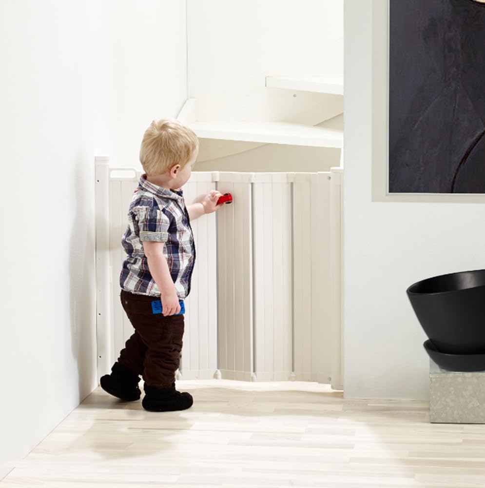 Safetots Automatisches Faltbares Einziehbares Babygitter, 55cm - 113.5cm, Schwarz, Faltbares Treppenschutzgitter, Einziehbares Sicherheitsgitter