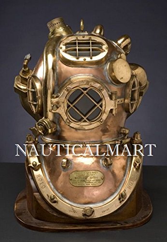 NAUTICAL MART Casco de buceo con base de madera, diseño vintage de latón