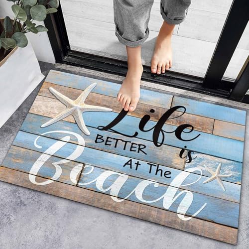 Beach Welcome Mat Coastal Door Mat,Life is Better at The Beach Indoor Doormat Front Door Mats,Ocean Nautical Starfish Non-Slip Absorbent Entrance Rugs,Retro Wood Grain Bath Rug for Bathroom Bedroom