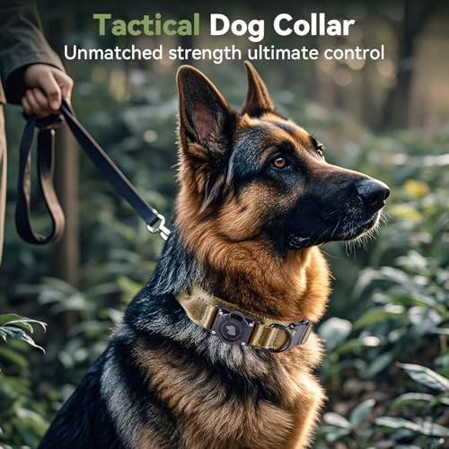 2025 Upgrade Waterproof AirTag Dog Collar, Military Tactical Dog Collar with AirTag Holder, Comfortable Control Handle and Metal Buckle, GPS Dog Collar Holder for Medium to Large Dogs (Khaki,L)