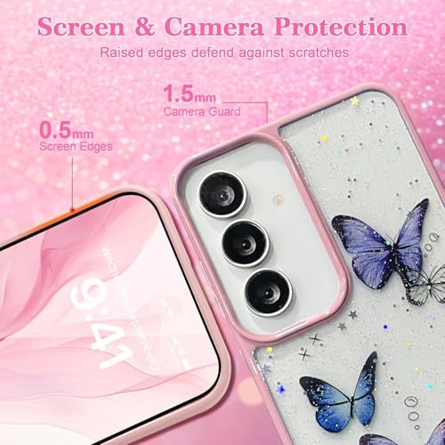 Image of VONZEE for Samsung Galaxy S24 FE Clear Glitter Butterfly Case, Cute Bling Sparkle Shiny Soft Silicone TPU Bumper Shockproof Women Girls Slim Protective Phone Cover for Galaxy S24 FE, Pink