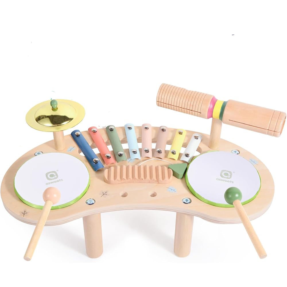 Asweets Tambor Infantil de Madera 7 En 1 para Niños Pequeños, Kit de Xilófono Juguete Musical Montessori Infantiles, Regalo de Cumpleaños de 3+ Años