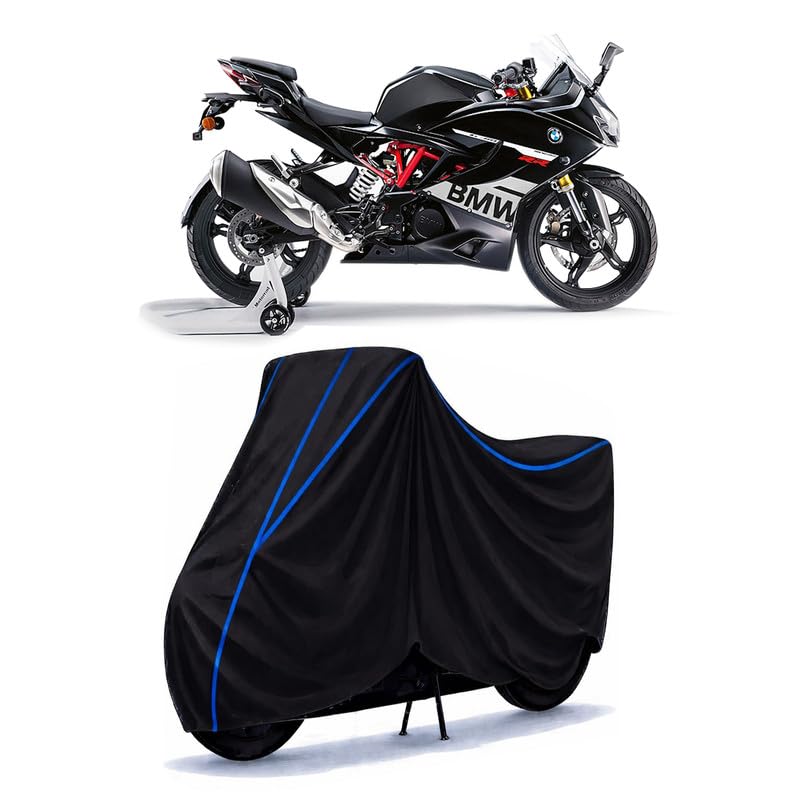 Image of G 310 RR Bike Cover Water Resistant Universal Motorcycle Rain | Heavy Duty UV Protection, Dust, Scratch Indoor Outdoor All Weather with Black Blue Piping Elastic