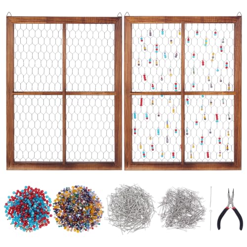 NBEADS Attrape Soleil en Cadre de Bois et Grillage à Poules Création de Bijoux avec Perles de Verre Arc en Ciel Cadre de Fenêtre en Bois Brut Décoration Présentoir Photos Jardin, 405x150x19.5mm