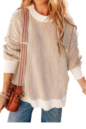 KevaMolly Womens Long Sleeve Sweater Striped Textured Knit Contrast Edge Loose Sweater Casual Striped Pullover Tops