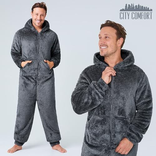 CityComfort Herren Overall Jumpsuit, One Piece Anzug Fleece Onesie Flauschig Einteiler Schlafanzug für Männer und Teenager Jungen M-3XL, Geschenke (L, Dunkelgrau)