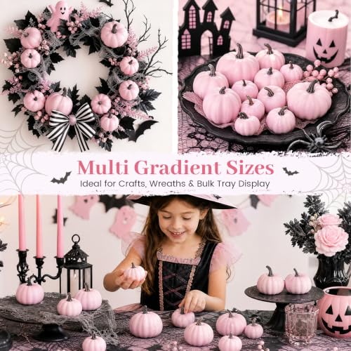 Image of DomeStar 18 PCS Assorted Pink Foam Pumpkins for Decoration, Pink Pumpkins | Baby Shower Decorations Wedding, & Thanksgiving Farmhouse Table Centerpieces