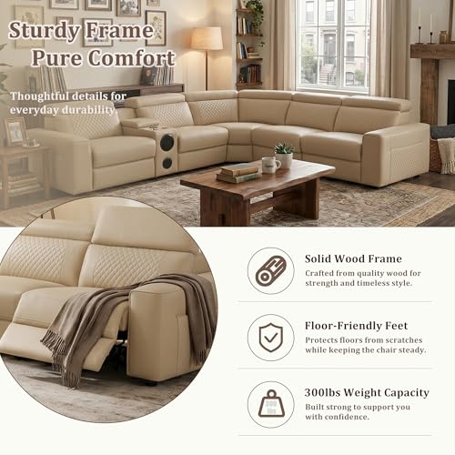 Image of Power Recliner Sectional Sofa, L-Shaped Living Room Furniture, 5 Seaters Reclining Sectional Couch with Storage Console /Cup Holder, Khaki Leather Corner Furniture for Living Room /House /Apartment