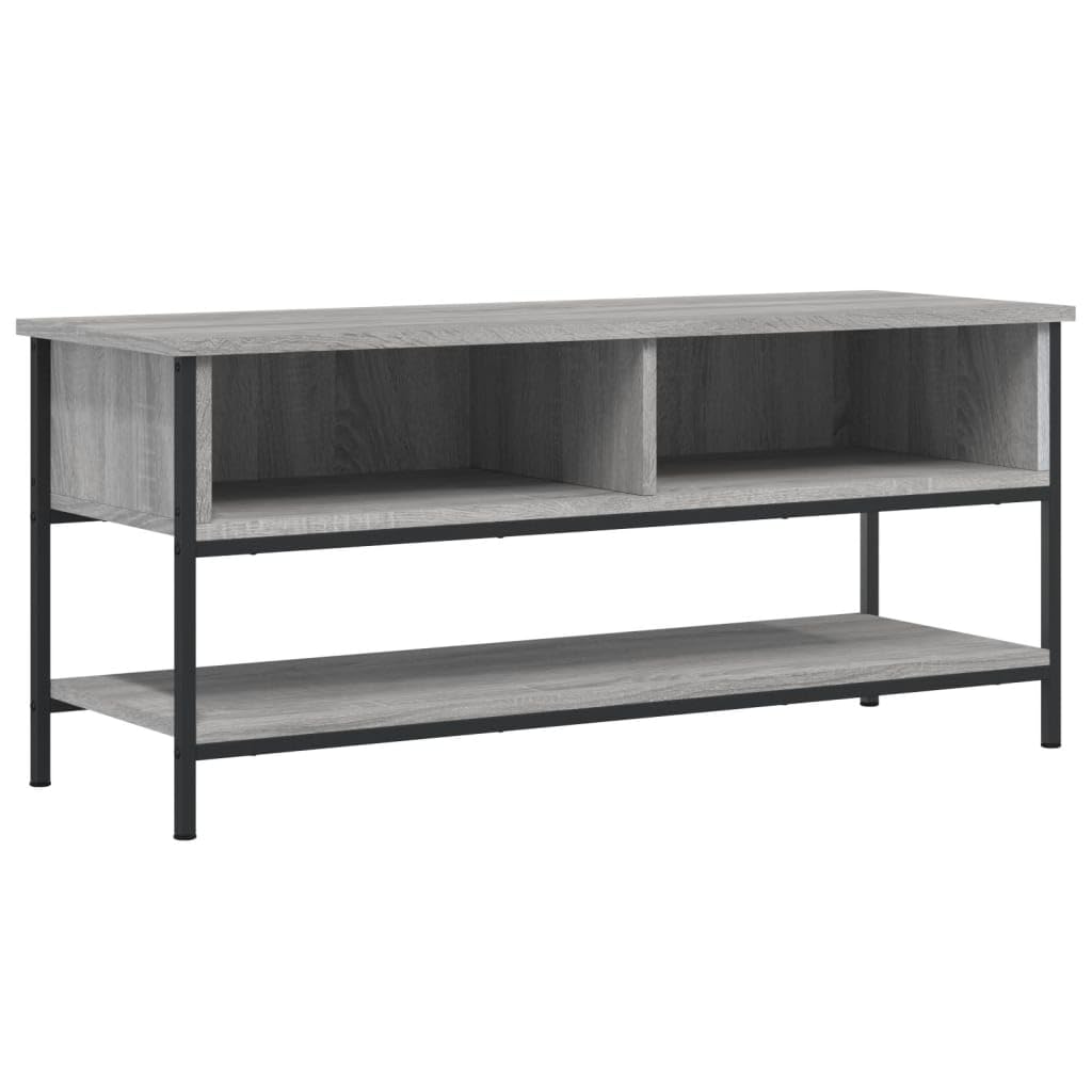 Mobile TV 100 x 35 x 45 cm rovere grigio sonoma con 2 scomparti aperti e 1 ripiano, plastica a base di legno, piedini in ferro, stabile e resistente all'umidità.