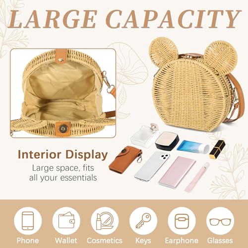 Round Rattan Straw Bag Purse for Women Handmade Cute Mouse Ear Wicker Woven Purse Crossbody Shoulder Bag Handbag4