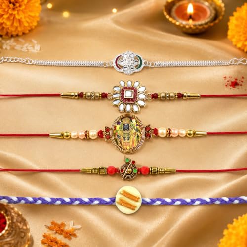 Image of Periapt Rakhi Gift Set for Brother & Bhabhi - Traditional Rakhis with Silver Coin & Greeting Card - Combo for Raksha Bandhan