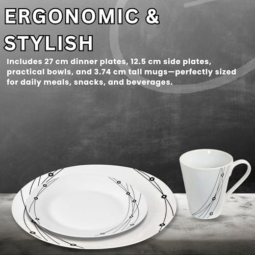 Reldor 16-Piece Round Porcelain Dinner Set for 4– 4 Dinner Plates and Bowls Set with 4 Side Plates & Mugs, Dishwasher Safe, Highly Resistant Dinnerware, Kitchen & Dining, Black Pattern - Image 6
