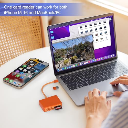 Image of SD Card Reader, 4 in 1 USB C to SD /TF /CF /MS Card Reader with USB to USB C Adapter Memroy Card Reader for iPhone 17 /16 /15 Pro Max iPad Pro MacBook Pro /Air iMac M4 /M3 Android Phone /Tablet PC (Orange)