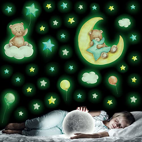 Leuchtsterne Wandtattoo Kinderzimmer Deko, Kleiner Bär Leuchtender Wandaufkleber für Kinder Schlafzimmer, Babybär Leuchtsticker Wandsticker, Leuchtmond Wanddeko Geschenk für Babyzimmer Mädchen Jungen