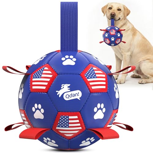 Image of QDAN Dog Toys Soccer Ball with Straps, 8 Inch Dog Balls for Large Dogs | Outdoor Herding Balls for Dogs, Beach Pool Dog Water Toy, Interactive Puppy Soccer Toy with Tabs, Puppy Dog Birthday Gifts