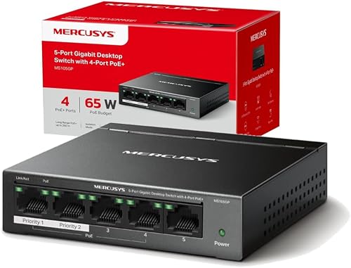 Mercusys MS105GP-Switch PoE 5G, 5 Puertos, Plug and Play, Carcasa metálica | 5 Puertos Gigabit. Potencia PoE 30W. Diseño sin Ventilador, Silencioso. Carcasa Metálica.