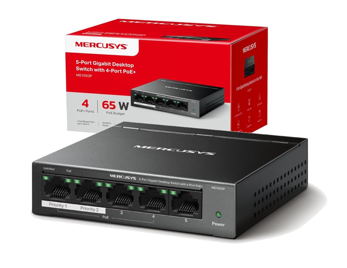 Mercusys MS105GP - Switch Gigabit de 5 Puertos con PoE+ de 4 Puertos, Plug & Play, Largo Alcance hasta 250m, hasta 30W para Cada Puerto