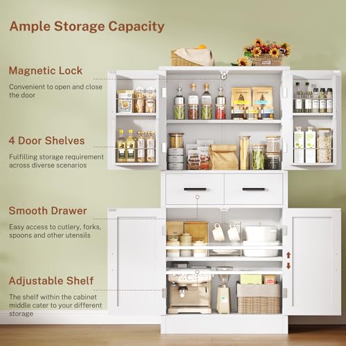 Image of TEENFON Pantry Cabinet with 2 Drawers, Kitchen Storage Cabinet with 4 Door Shelves, Kitchen Pantry for Living Room, Dining Room, Bathroom, White