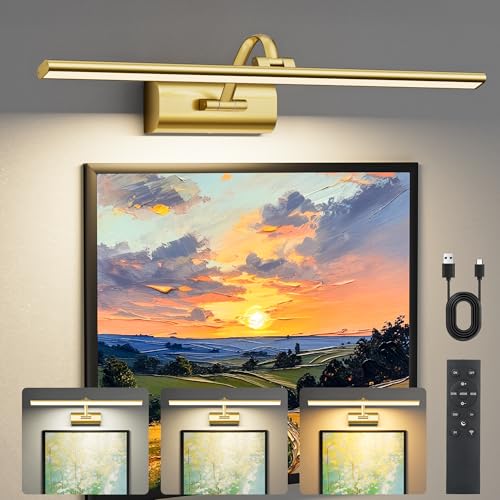 Image of AIFEI Wireless Picture Lights for Wall Battery Operated, 8000mAh Long-Last Lights for Pictures on Wall, Remote & Touch, 3 Color Dimmable No Wiring Needed Art Light for Paintings Poster, 23.6 inch Brass