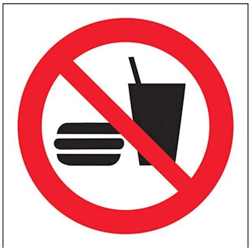 V Safety No Food Or Drink Symbol Prohibition Sign - 100mm x 100mm - Self Adhesive Vinyl