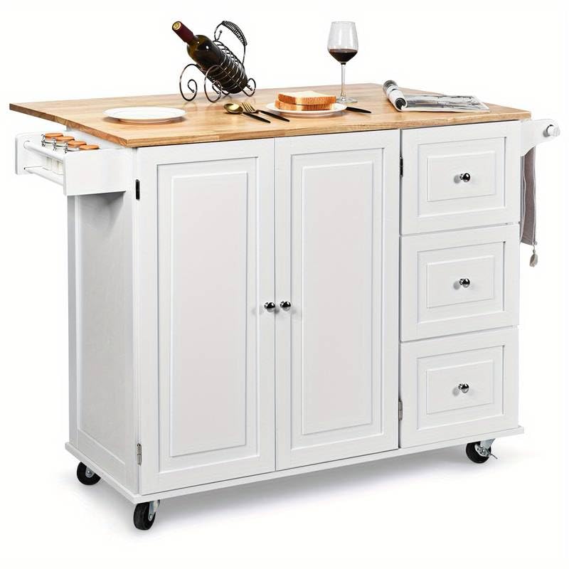 Küchenwagen auf Rollen mit Handtuchhalter, klappbarer Arbeitsplatte und reichlich Stauraum - Kücheninselwagen aus Holz, weiß - Sideboard und Servierwagen (135x76x91cm)