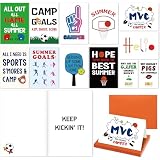 Dunzoom 10 Sets Sport Camper Greeting Cards with 2 Scratch off Joke Cards Envelopes for Kids Funny Summer Sleepaway Camp Party Favor Football Basketball Postcards for Summer Holiday Stationery Gifts