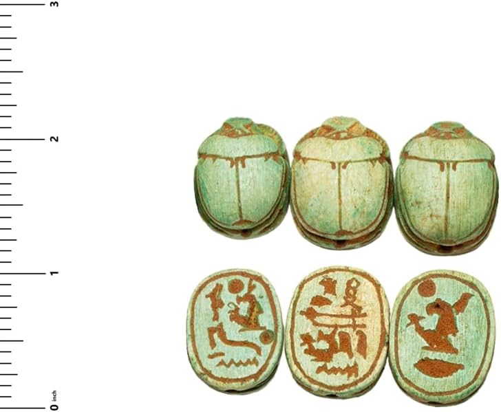 Egyptian Scarab Beads Set of 5 - Green Hand-Carved Soapstone - Ancient Egypt Hieroglyphs - Made in Egypt