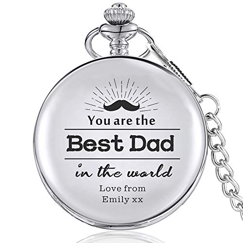 EDSG Personalized Pocket Watch Custom Fathers Day Pocket Watch with Chain Gifts Laser Engraved Pocket Watches for Men Dad Daddy Boyfriend Uncle Stepfather Grandad Father(Silver, Design 4)