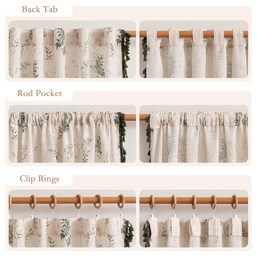 Image of MYSKY HOME Linen Boho Floral Curtains 96 inch Long 2 Panels Green Tassels Leaf Printed Rustic Country Light Filtering Semi Sheer Curtains for Living Room Bedroom, 52 inch Wide Each Panel