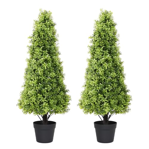 3ft Artificial Boxwood Topiary Trees, 36ββ UV Resistant Faux Plants for Outdoor Planter, Tall Fake Bushes and Shrubs for Front Porch Decor, Set of 2