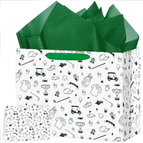 Abilat Large Golf Gift Bag with Tissue Paper and Greeting Card Reusable Golf Party Gift Wrapping Bag for Men Boys Sports Themed Party Supplies