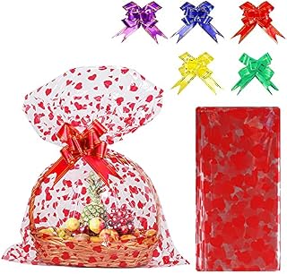 20 Pack Cellophane Basket Bags with Pull Bow Set Christmas Clear Hamper Wrap Bags for Gifts Packaging Hamper Making (Heart,50 * 70 cm)