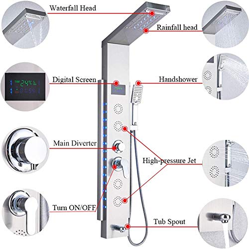 Columna de Ducha LED con Panel de Acero Inoxidable, Sistema de Ducha con Pantalla de Temperatura, Cabezal Lluvia y Duchador de Mano miniatura 3