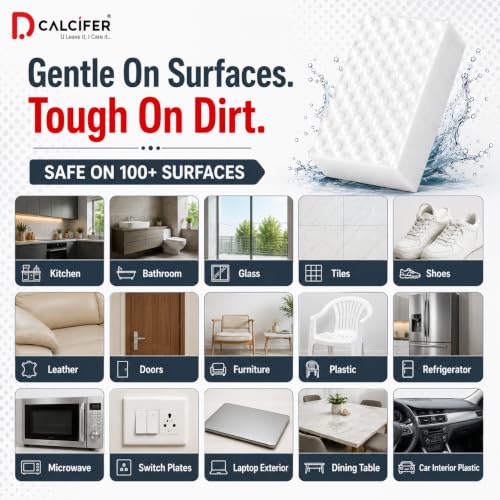 Image of Dcalcifer Magic Eraser | Pack of 4 | Scratch Free Multi - Surface Cleaning Sponge | Removes 100+ Tough Stains | Just Add Water | Removes Wall Marks, Kitchen Grease, Shoe Stains & Switch Board Dirt