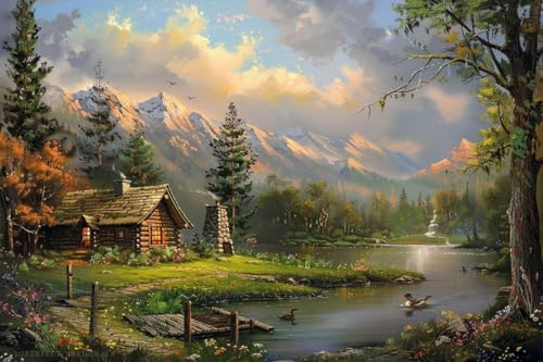 Nature's Serenity: 20 original wall art landscape hand painted by college teachers, oil paintings of small cabin by a pond in the deep mountains, Thomas landscapes in Kinkade style, Mountain Retreat