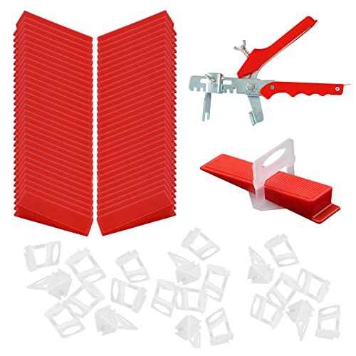 100 Cuñas + 100 Arandelas Niveladoras + Alicates, Sistema de Nivelación de Baldosas, Kit de Herramientas de Instalación de Baldosas, para Herramientas de Baldosas (Rojo y Transparente)
