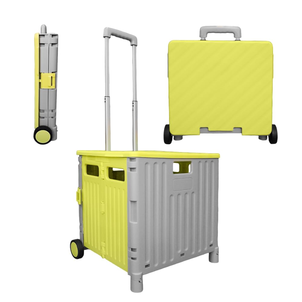 Berry 50L Foldable Shopping Trolley - Yellow & Grey, 40KG Plastic Trolley Cart with 2 Wheels and Lid, Portable Cart with Telescopic Handle, Large Multipurpose Utility Cart for Shopping, Teacher