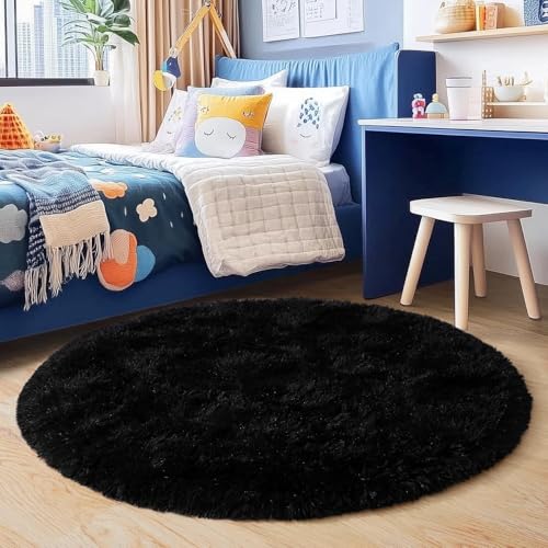 Image of Shaggy Round Area Rug - Soft Plush Circle Solid Color Carpet for Living Room, Bedroom, Kids Room - Fluffy Fuzzy Floor Mat for Home Decor (Black, 6x6 feet, Round)