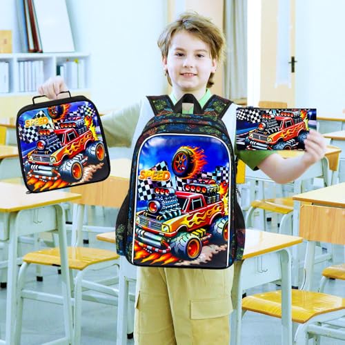 Image of 16 inch Truck Backpack for Boys, 3Pcs Car Kids Bookbag with Lunch Box, School Backpacks Set for Elementary Preschool Kindergarten(Red)