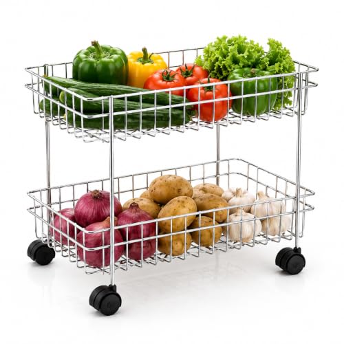 Image of TUNIS 2 Tier Stainless Steel Wire Storage Basket Trolley |Fruit & Vegetable Trolley with 360 Moving Wheels| Rack for Kitchen, Fruits, Vegetables & Grocery Storage, Movable Organizer Cart